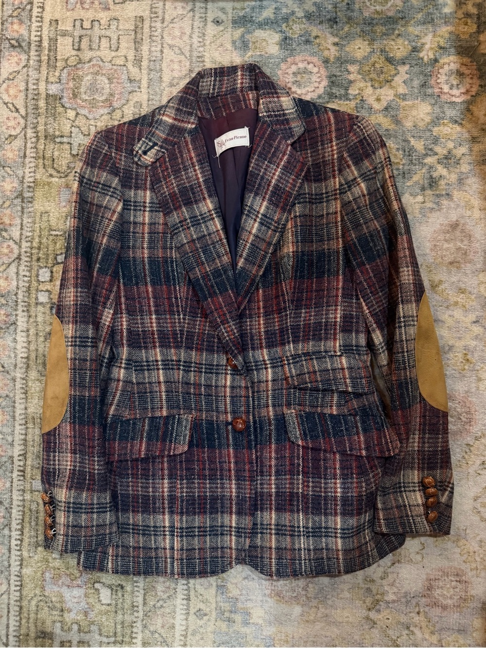 Vintage Classic Plaid Wool Blazer with Elbow Patches - Multicolor